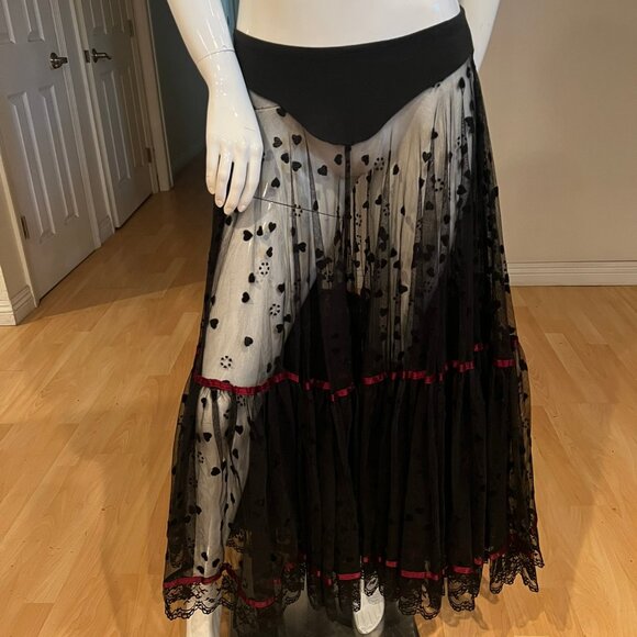 Betsey Johnson Dresses & Skirts - VINTAGE BETSEY JOHNSON PUNK LABEL FLOCKED HEARTS SHEER MAXI TULLE SKIRT ONE SIZE